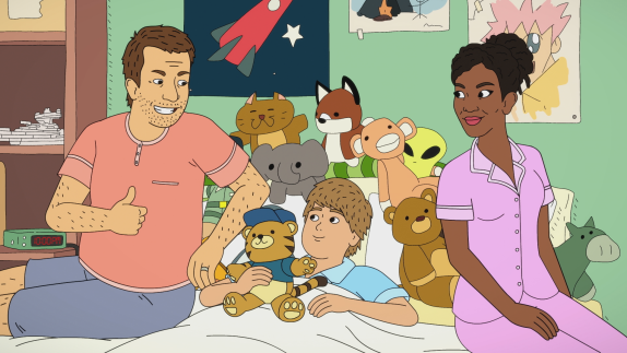Dale (voiced by Skyler Gisondo) with his dad Grant (voiced by Rob Delaney) and step-mom Trini (voiced by  Yvette Nicole Brown)