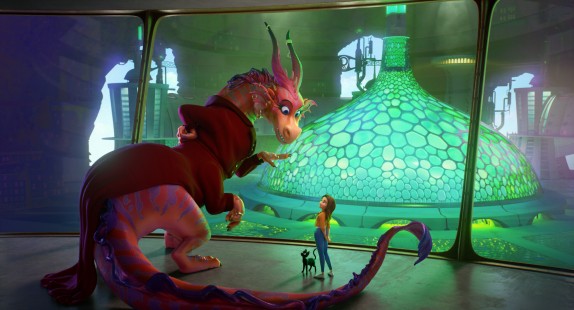 The Dragon (voiced by Jane Fonda), Bob (voiced by Simon Pegg) + Sam Greenfield (voiced by Eva Noblezada) in Luck_Courtesy of Apple