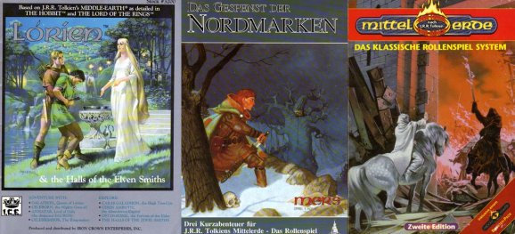 (v.l.n.r.) Das Cover von LÓRIEN, DAS GESPENST DER NORDMARKEN und der deutschen Zweitausgabe des Regelgrundbuches © 198619881993-95 Tolkien Enterprises